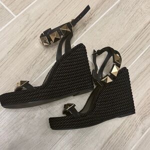 Valentino Garavani Black Platform Sandals with Gold Studs